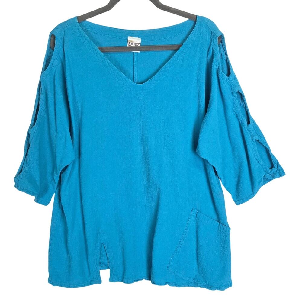 Oh My Gauze Blue Turquoise Tunic Top Sz L/XL Lagenlook Artsy Boho Coastal Casual
